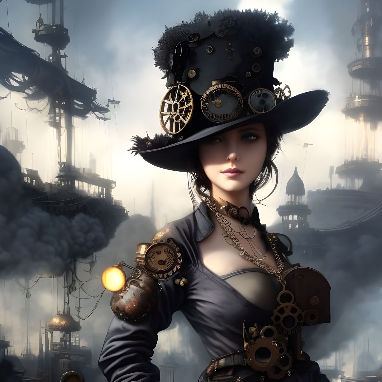 Steampunk Lady Portrait with Cityscape Background