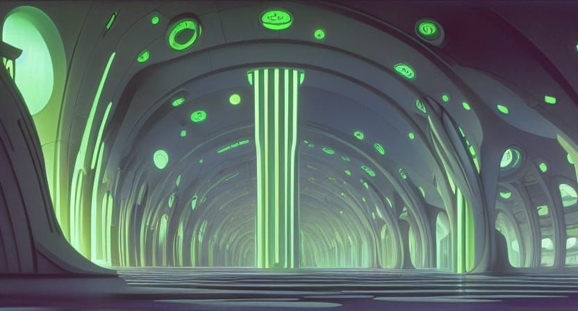 Futuristic Underground City with Waterfalls and Light Column...
