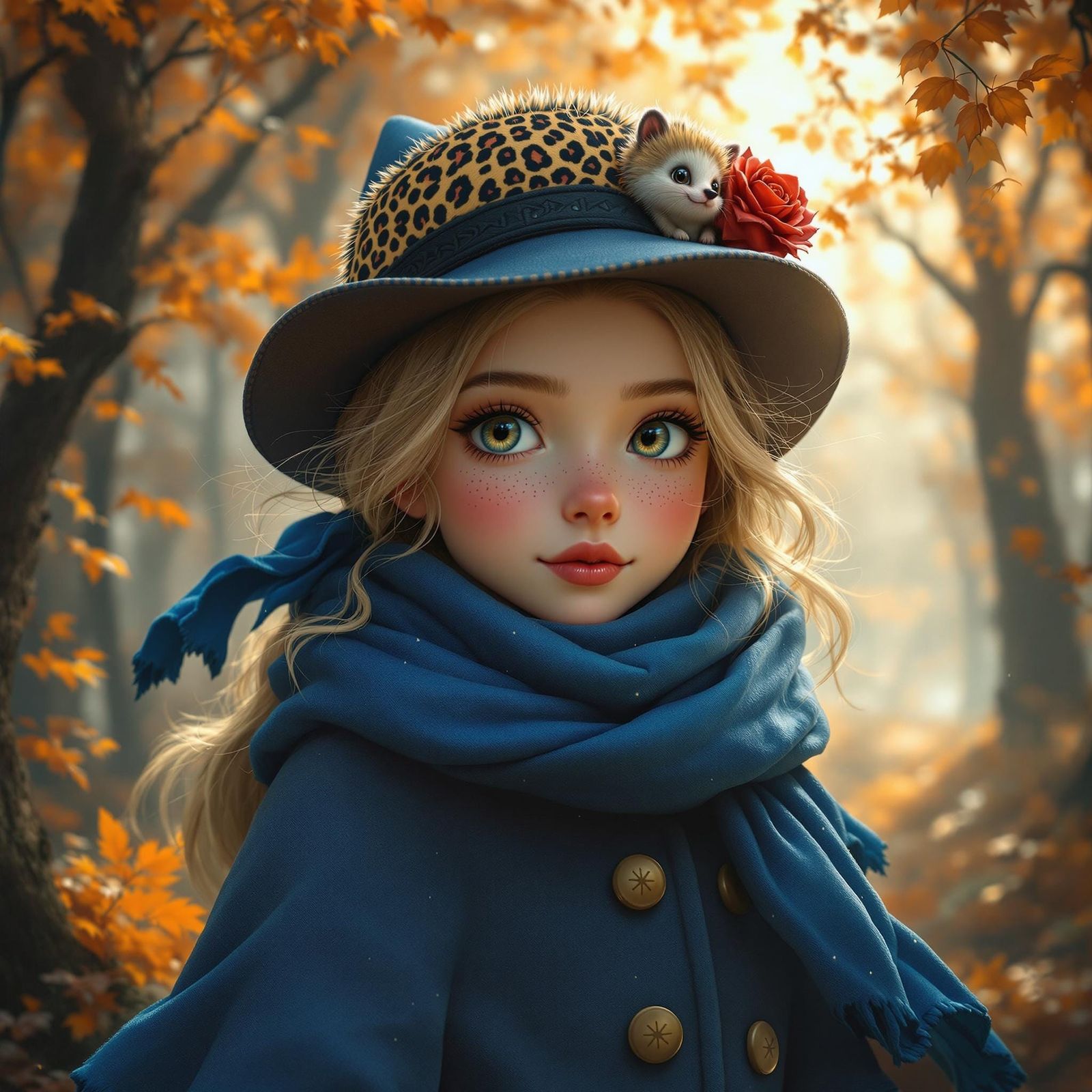 Whimsical Autumn Goddess in Vintage Coat and Leopard Hat