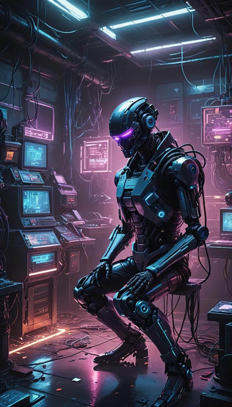 Robotic Assassin in Cyberpunk Laboratory, Digital Art