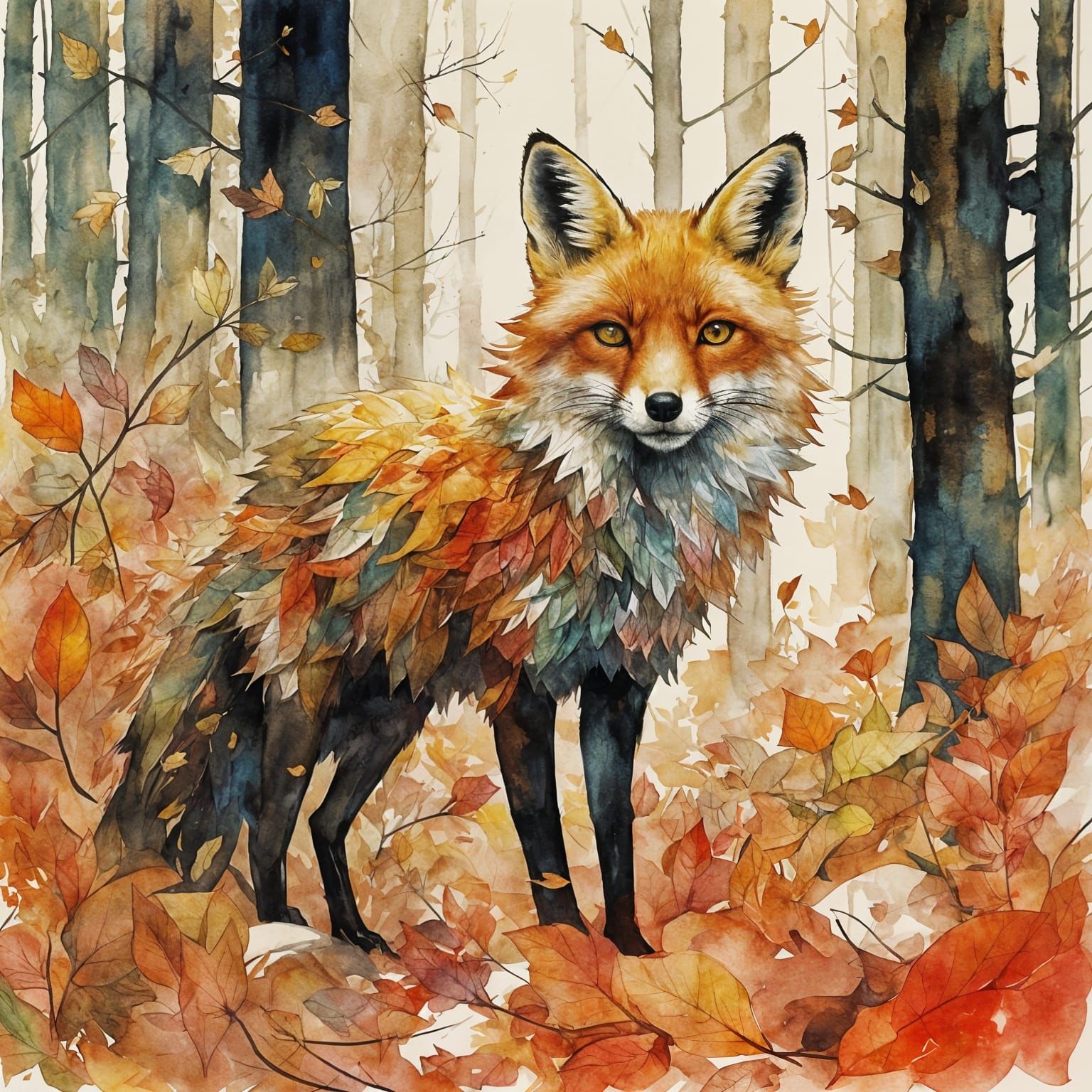 Red Fox in Autumn Leaves Double Exposure Gouache