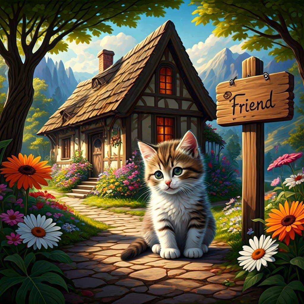 Cute Kitten and Friend Sign in Baroque Style
