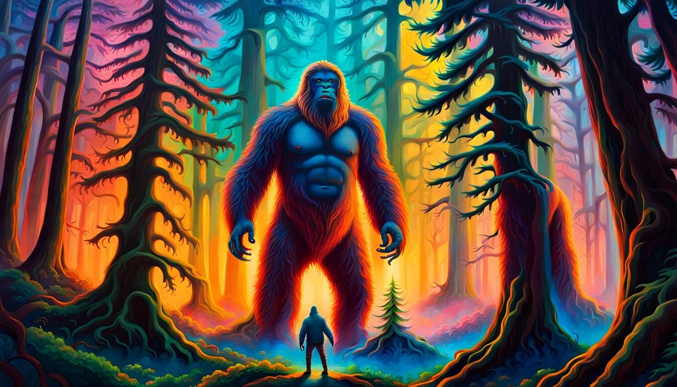Bigfoot's Mystical Calculation: A Surreal Oil Painting