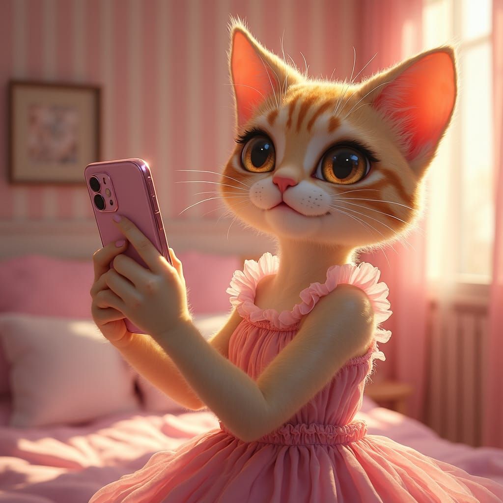 Anime Cat-Girl Filming Herself in Pink Bedroom