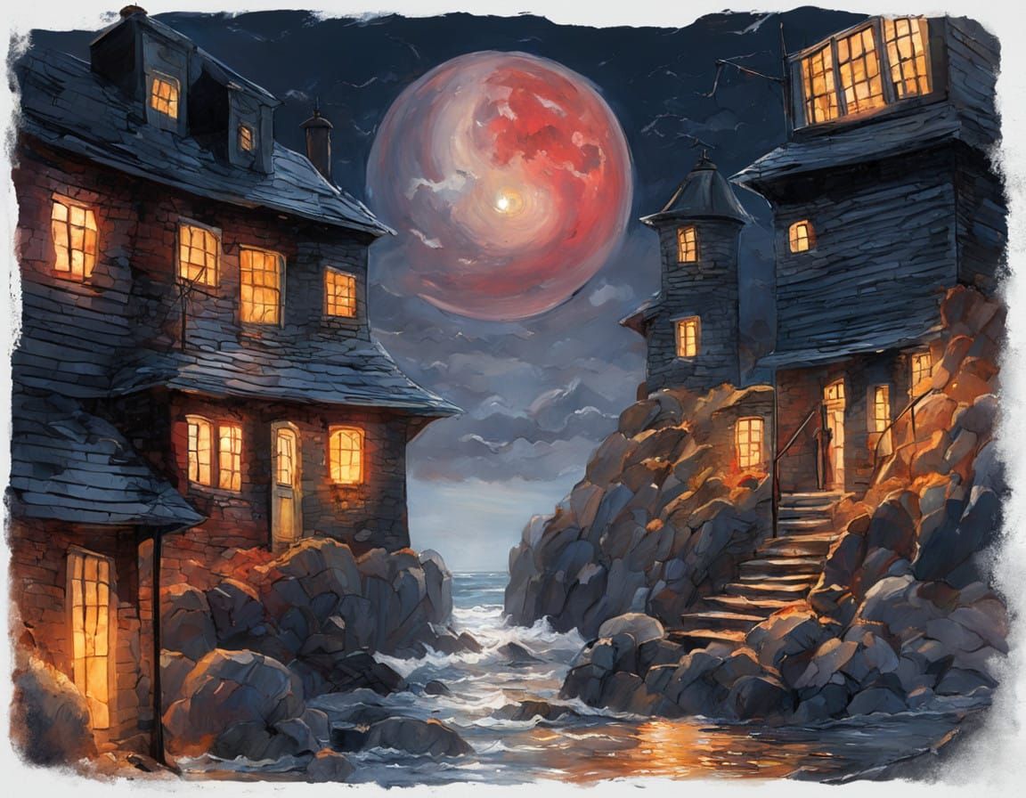 Expressionistic Red and White Lighthouse in Stormy Seas