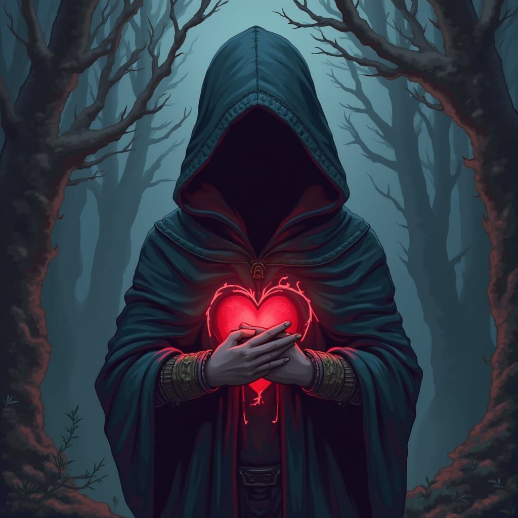 Pixel Art Hooded Character with Glowing Heart