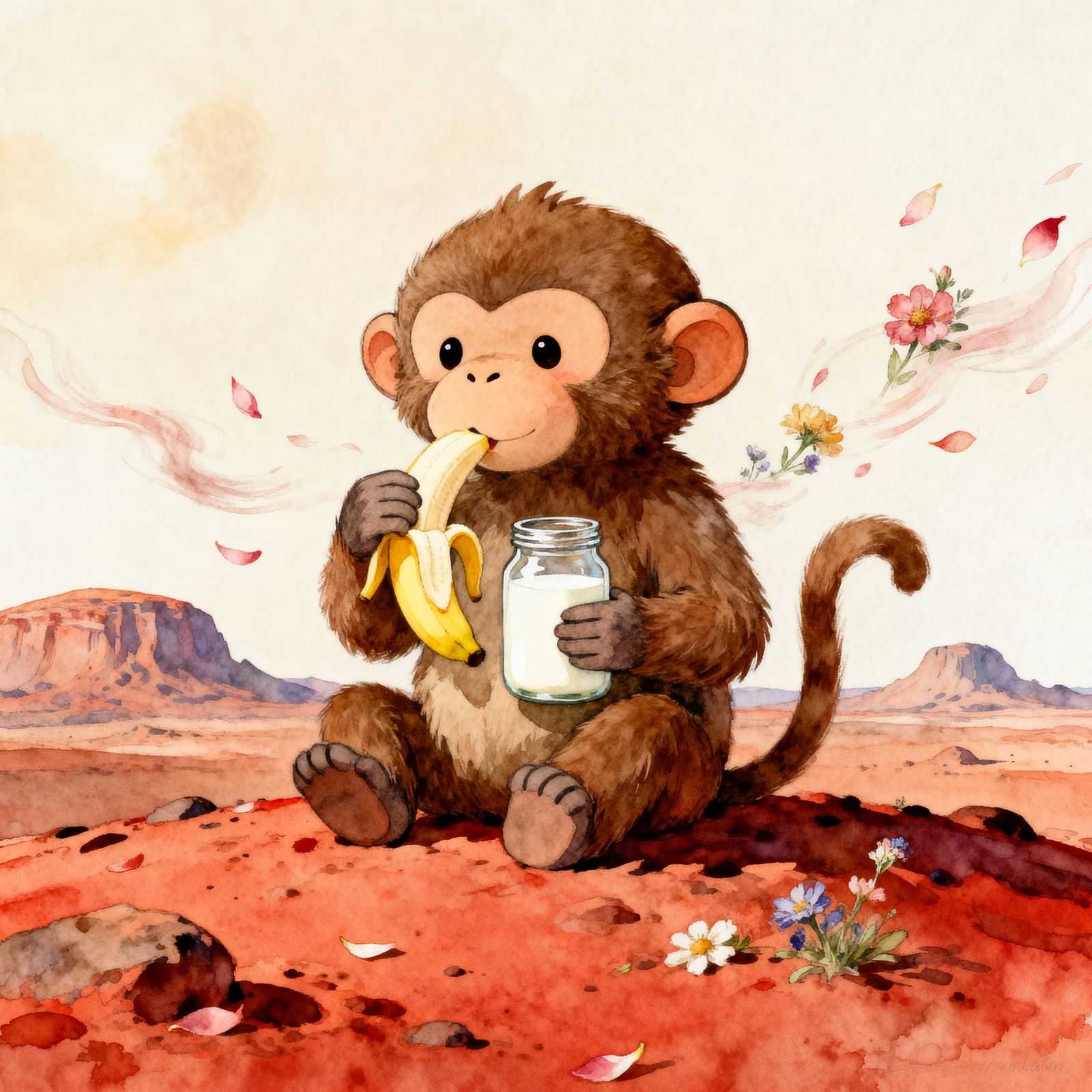 Cute Monkey Bear Eats Banana and Milk on Mars in Watercolor ...