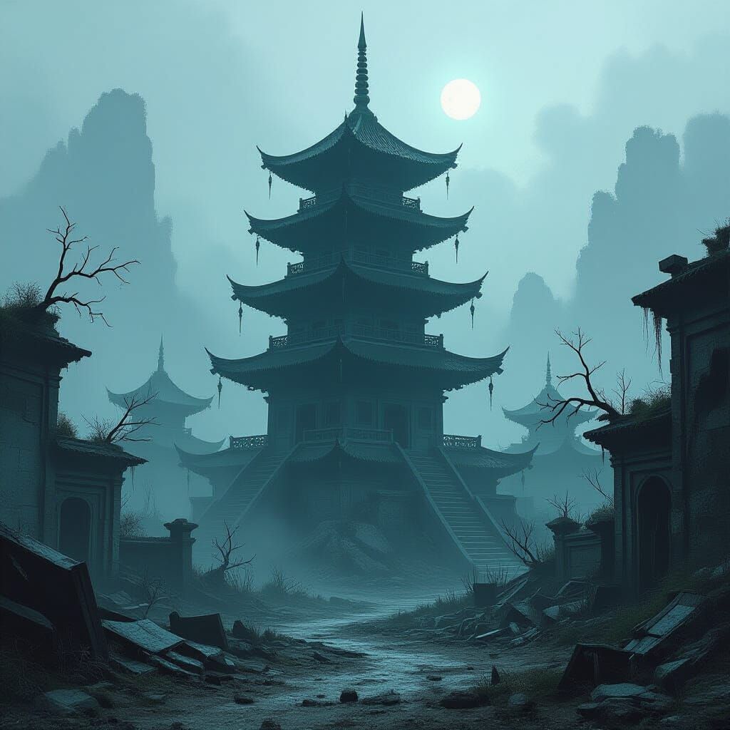 Weathered Pagoda in Desolate Post-Apocalyptic Wasteland