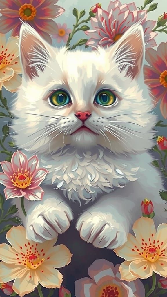 Warm Realism Whimsy: Fluffy White Cat Amidst Vibrant Blooms