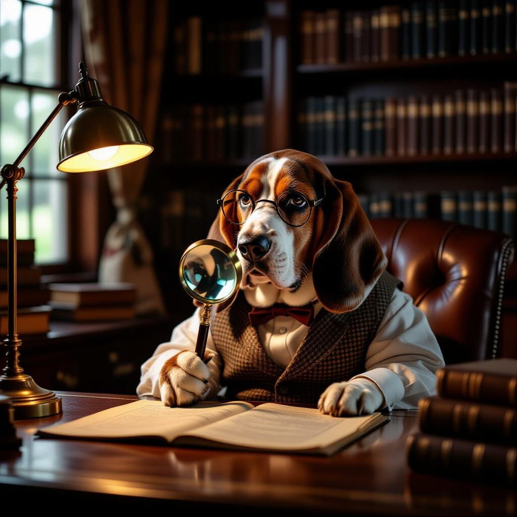 Basset Hound Scholar at Desk with Magnifying Glass