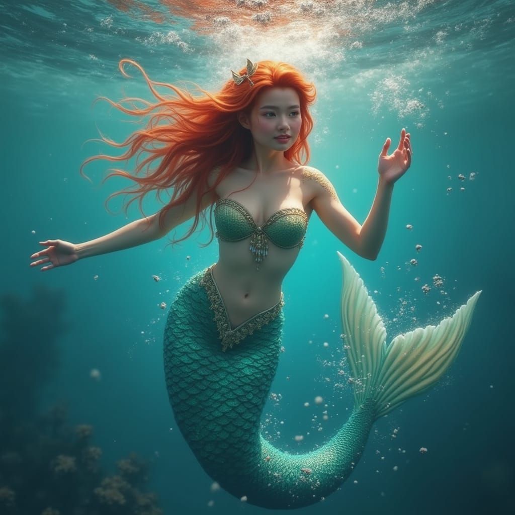 Redhead Mermaid in Gigantic Wave, Digital Art