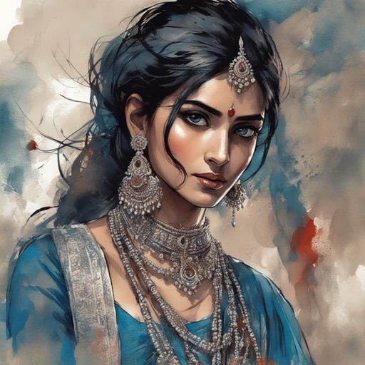 Portrait of Bombay Girl in Ink Splash Art Style