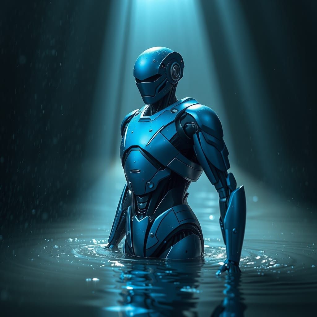 Blue Robot Stands Strong Against Relentless Flood