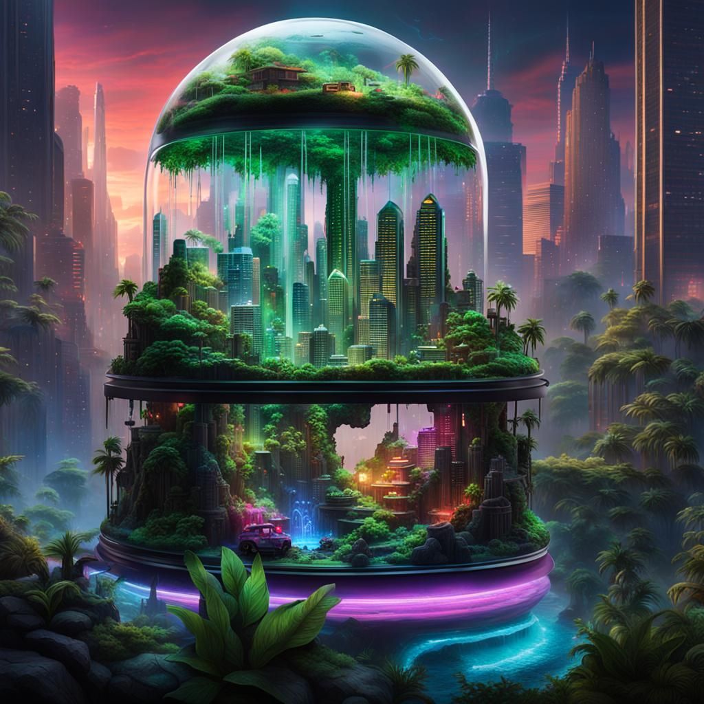 Cyberpunk Cityscape Terrarium with Lush Greenery