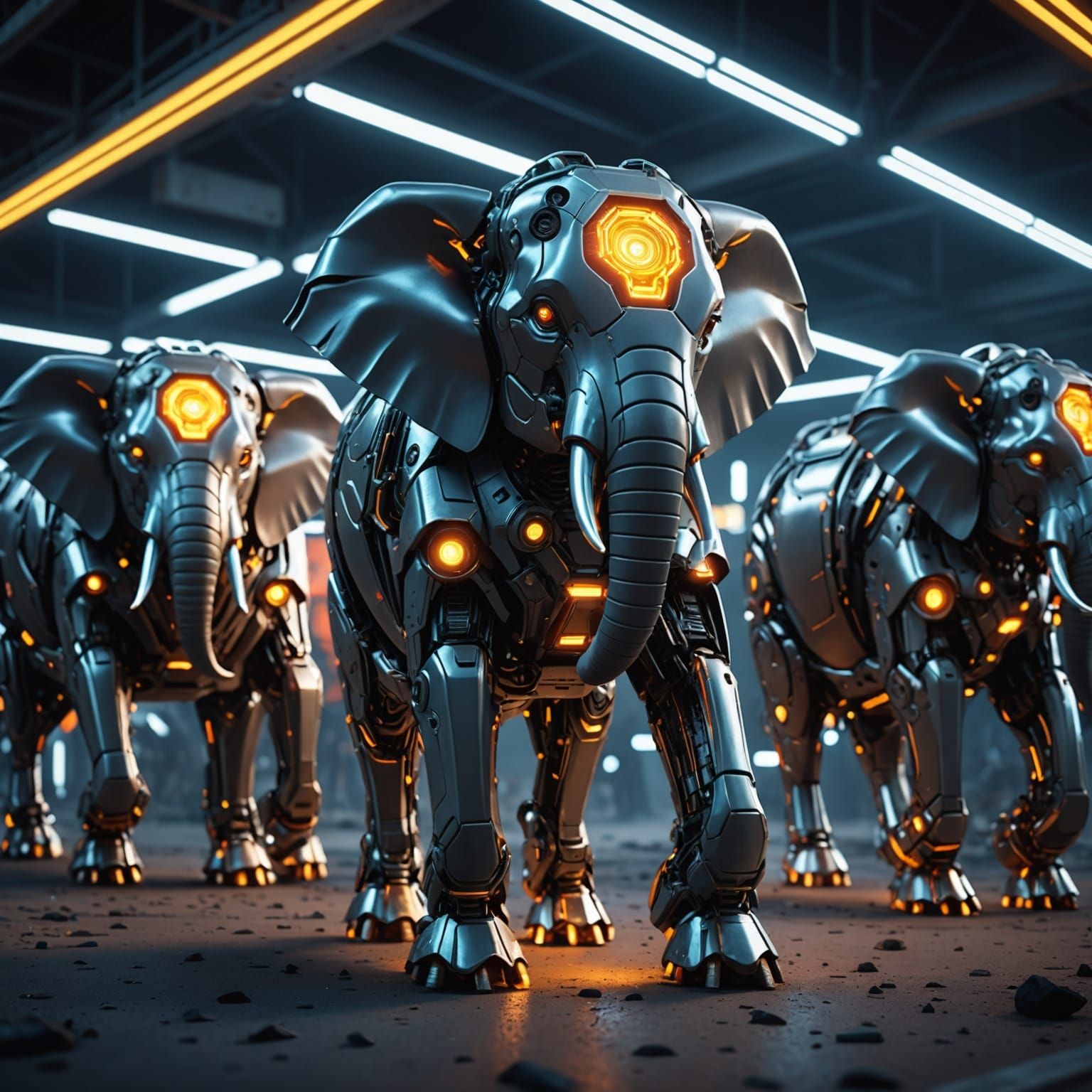 Futuristic Elephants in Sci-Fi Cinematic Scene