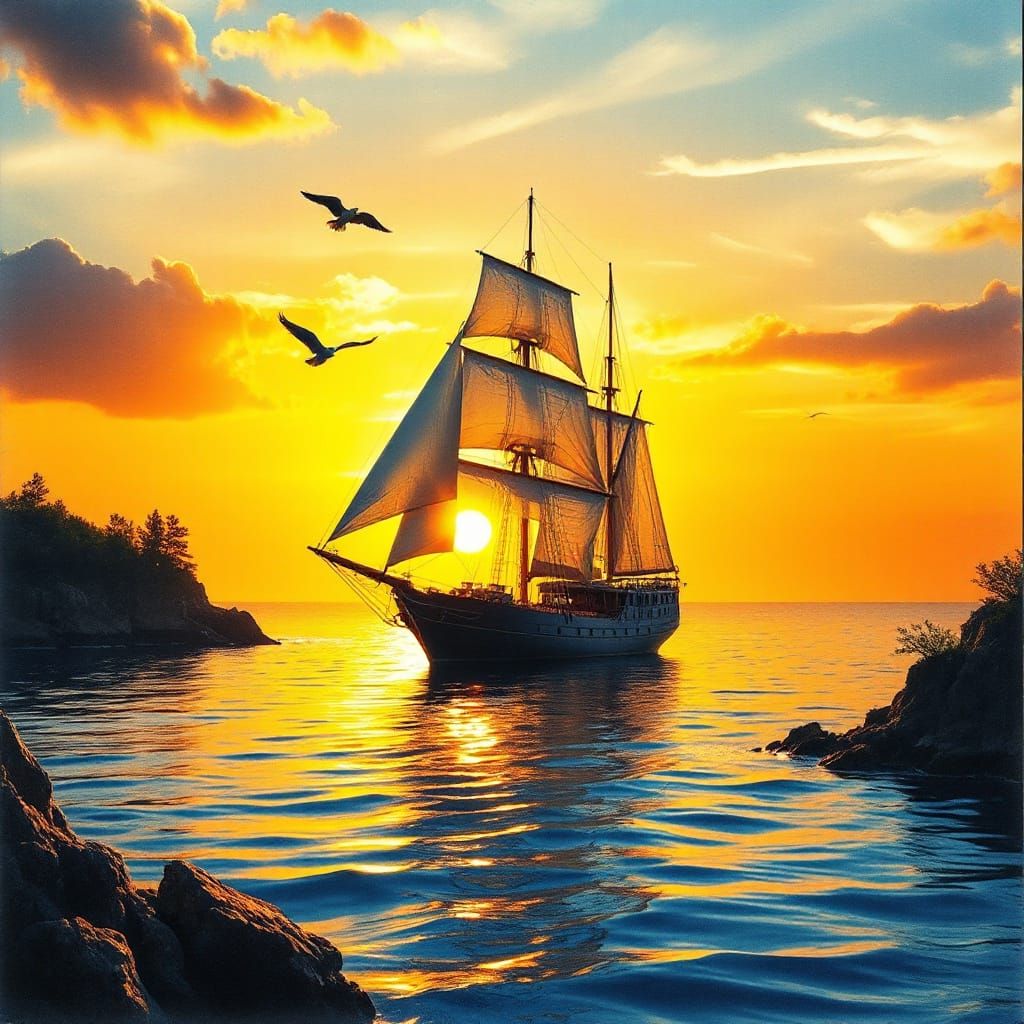 Sailing Ship at Sunset: Expressionist Abstract Symphony