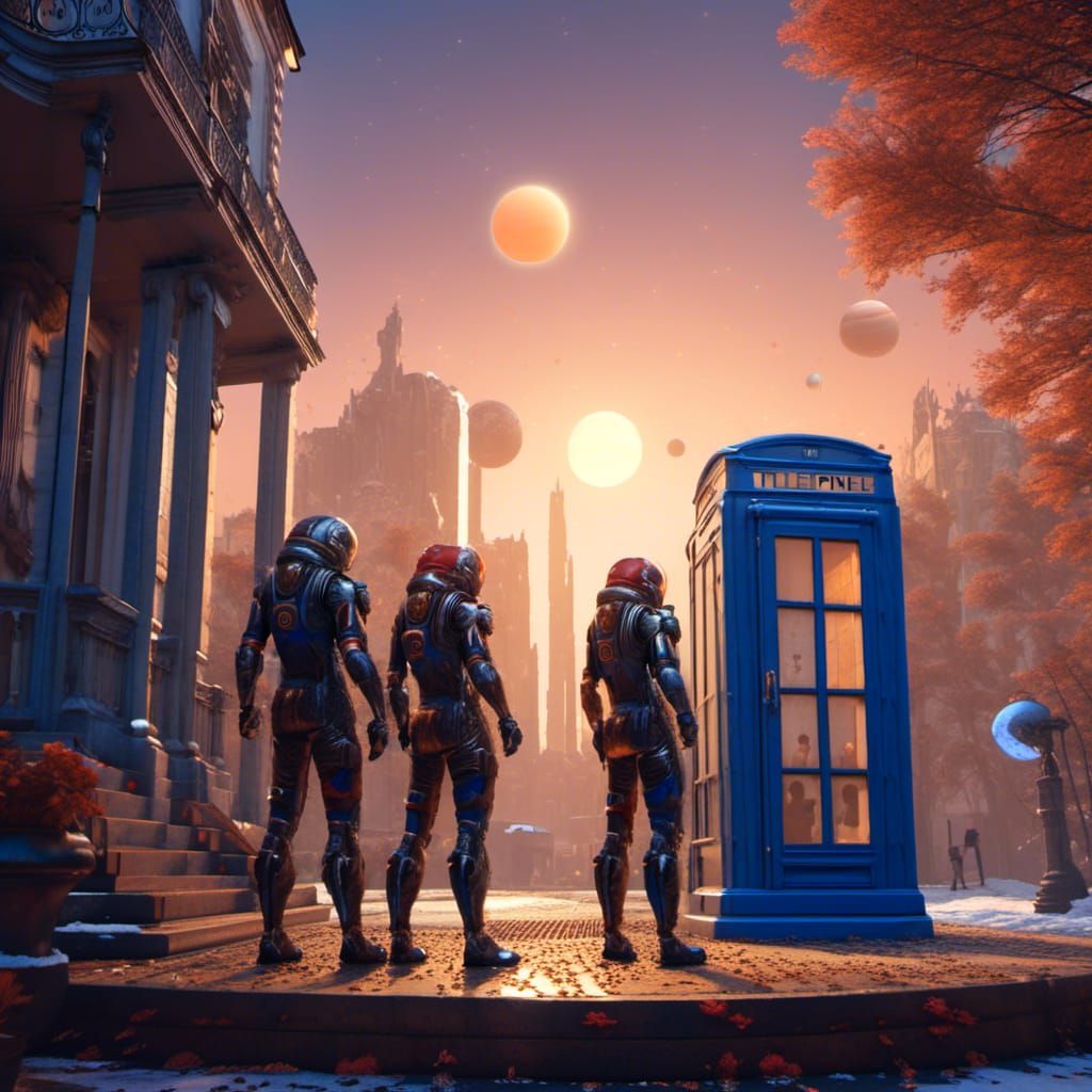Heroes Guarding a Blue Telephone Booth in Cinematic 3D