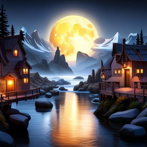 Moonlight Reflects on River: Detailed Fantasy Painting