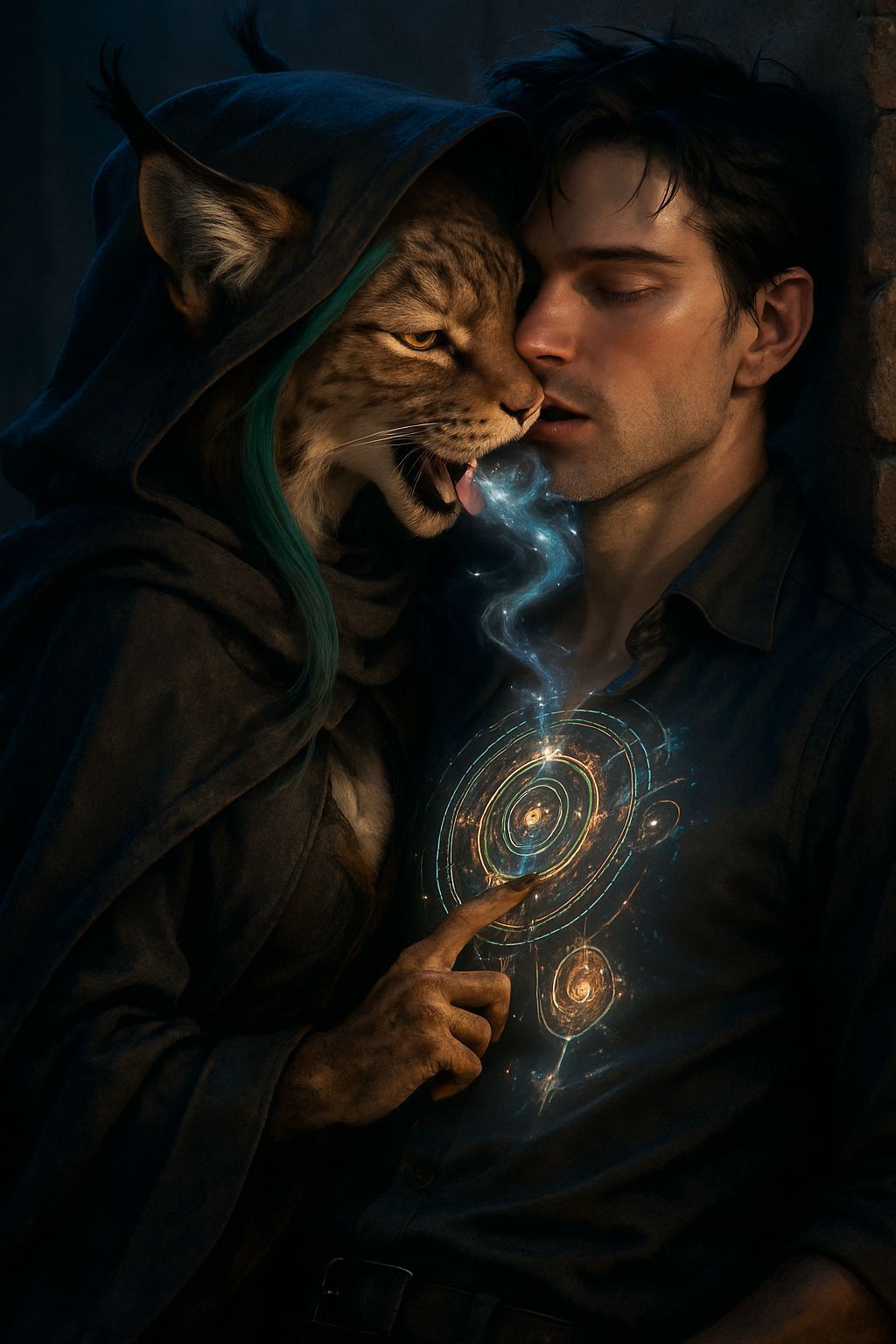 Anime Lynx Hugging Man with Magic Starlight