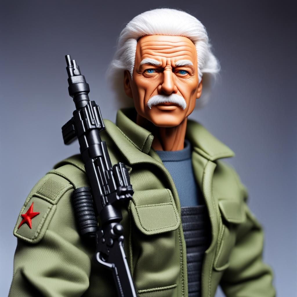 Photo realistic. Super realism. GI joe Doll. toy. articulated plastic toy . weapon. Albert Einstein