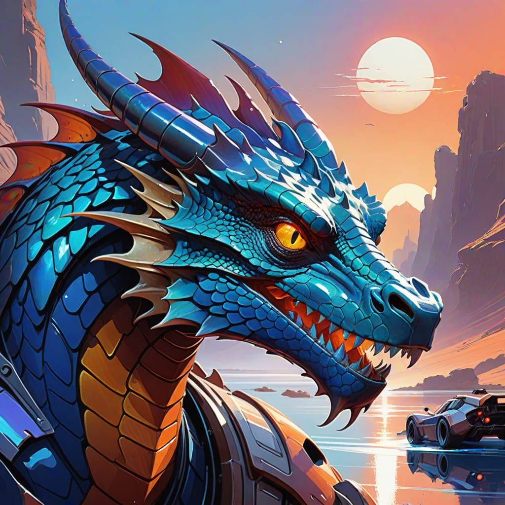 Vibrant Iridescent Blue Dragon Head with Shiny Glossy Scales