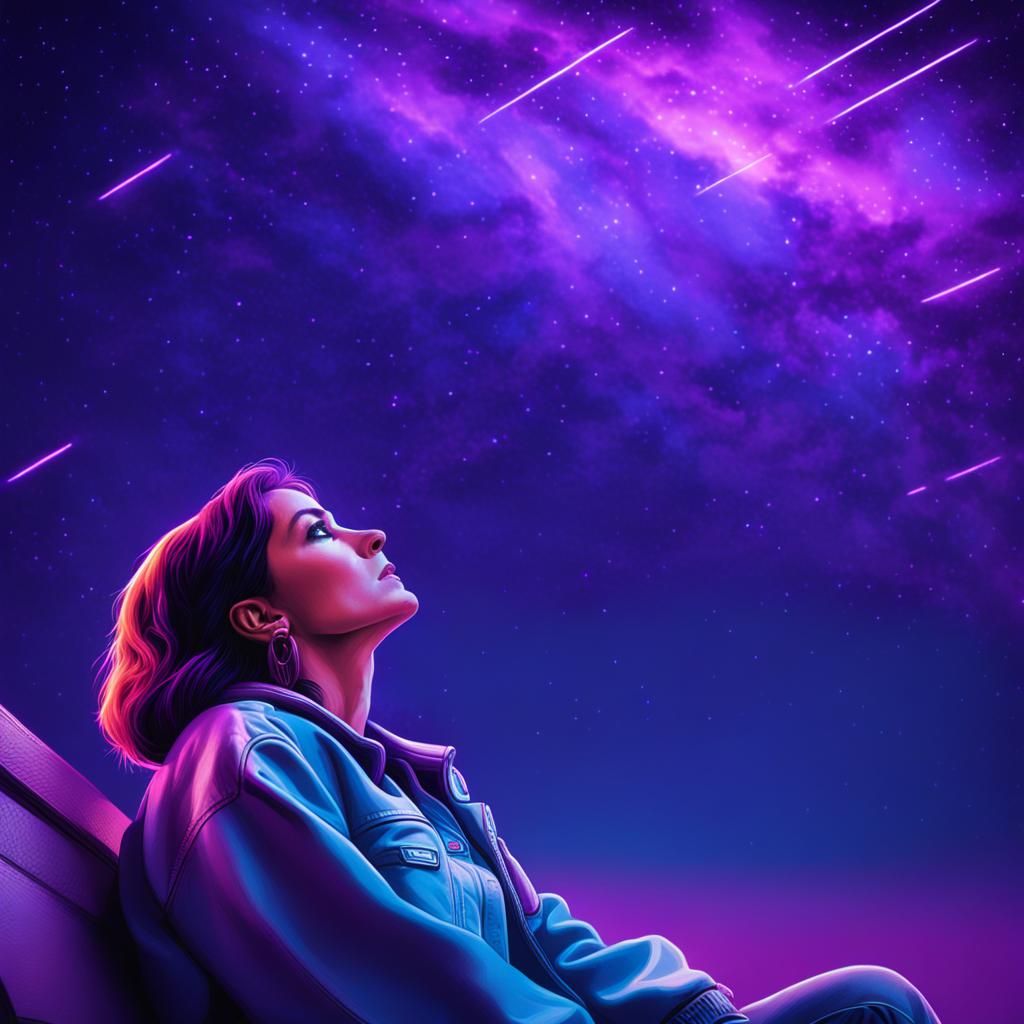 Woman Stargazing Under Purple Synthwave Sky