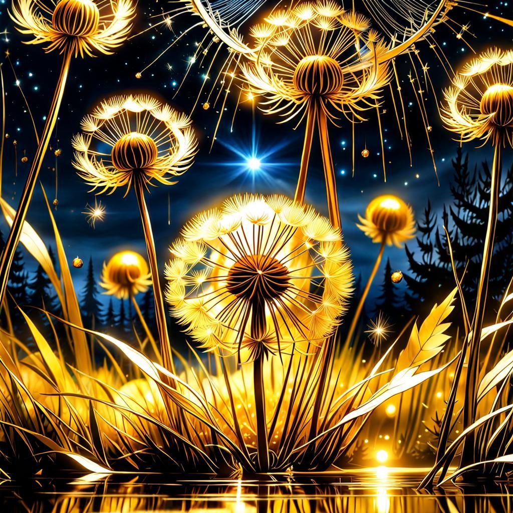 Golden Dandelion in a Magical Night Swamp