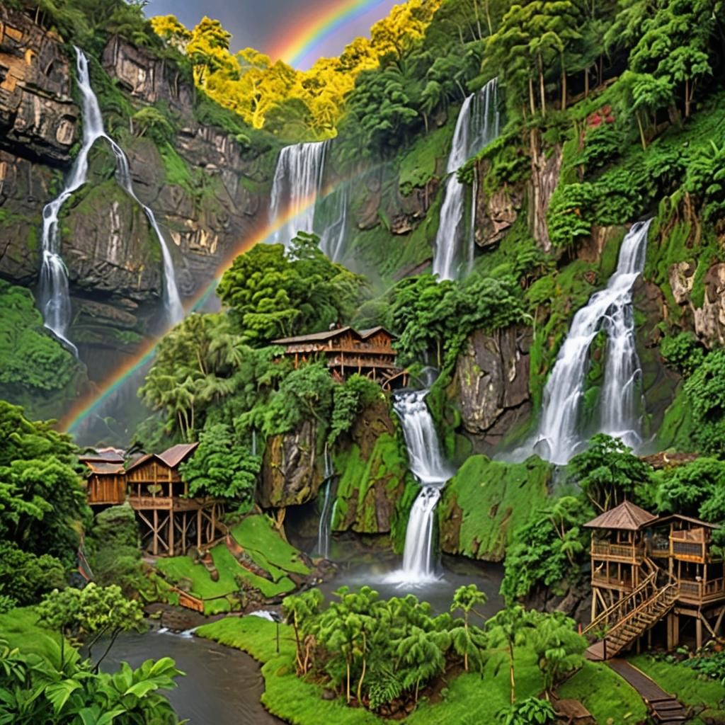 Vibrant Waterfalls and Wooden Structures in Detailed Matte P...
