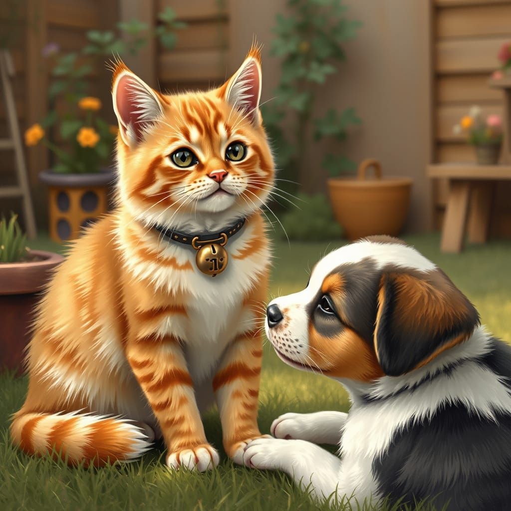 Whimsical Backyard Scene of Cat and Dog Playtime