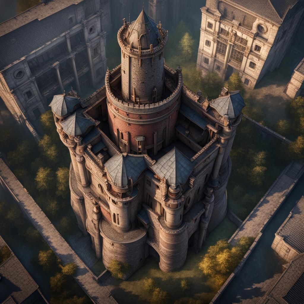Industrial Royal Castle Tower: Top-Down Matte Painting