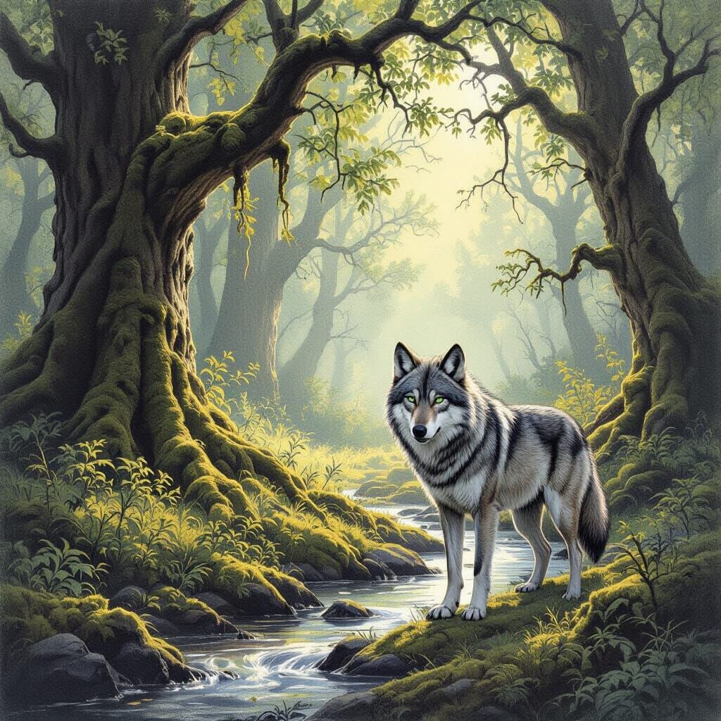 Lone Wolf in Sunlit Forest Clearing as Graphite Sketch