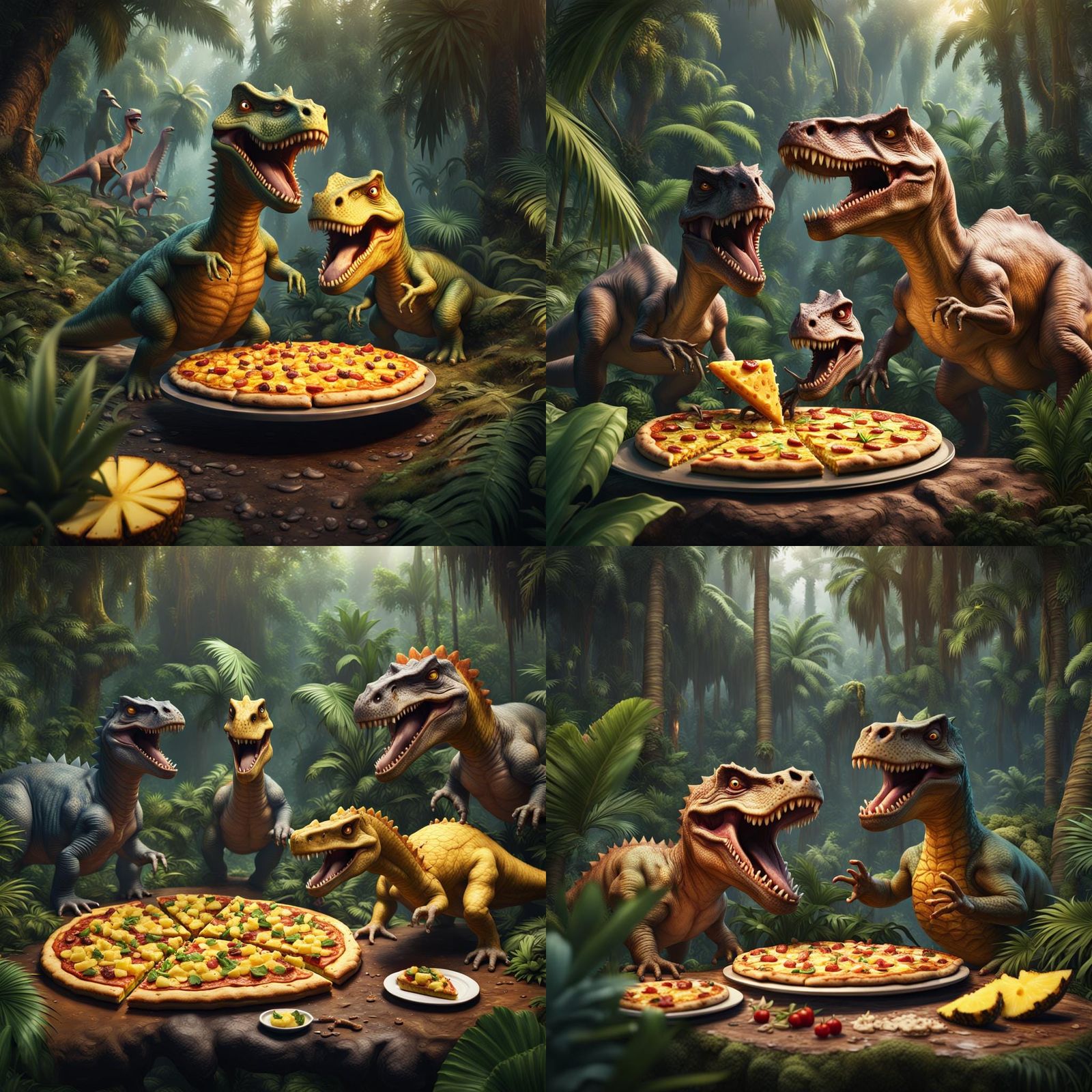 Dinosaurs Enjoying Pineapple Pizza in Jungle Art