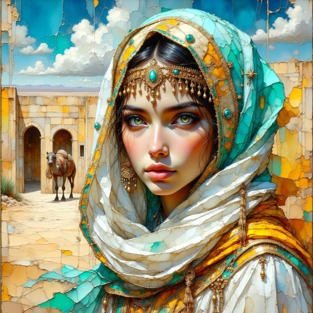 Arabian Princess Portrait in Windswept Desert Courtyard