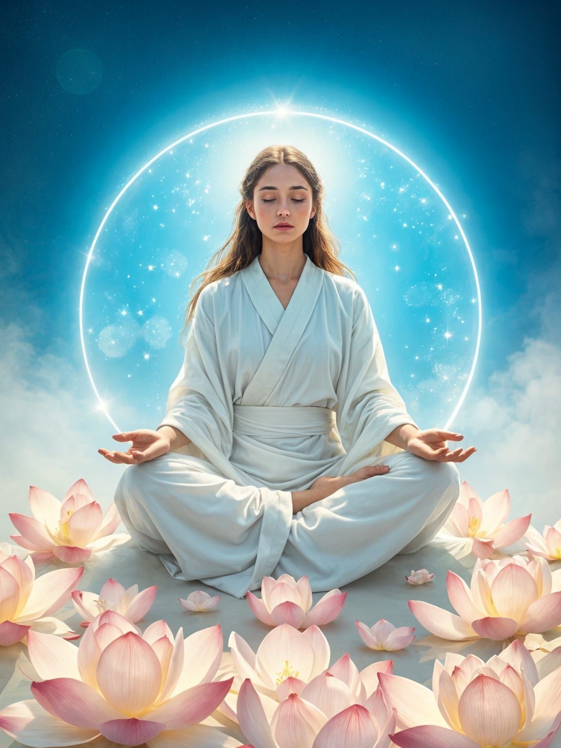 Woman Meditating in Luminous Blue Sphere with Lotus Petals