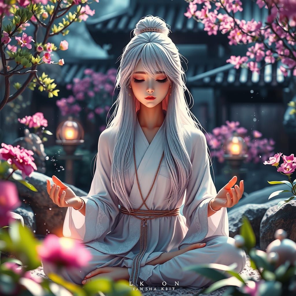 Silver-Haired Priestess Meditating in Zen Garden