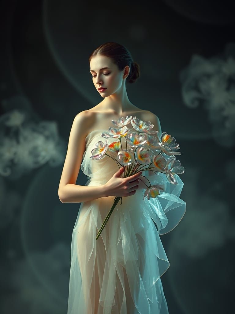 Surrealist Goddess with Translucent Gown and Glass Flowers