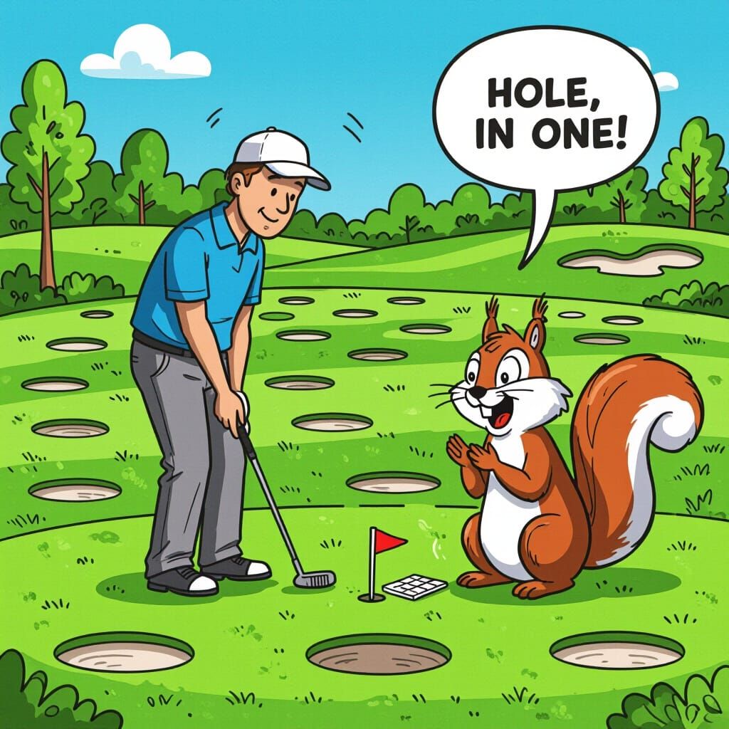 Humorous Cartoon of Squirrel Cheering Golfer