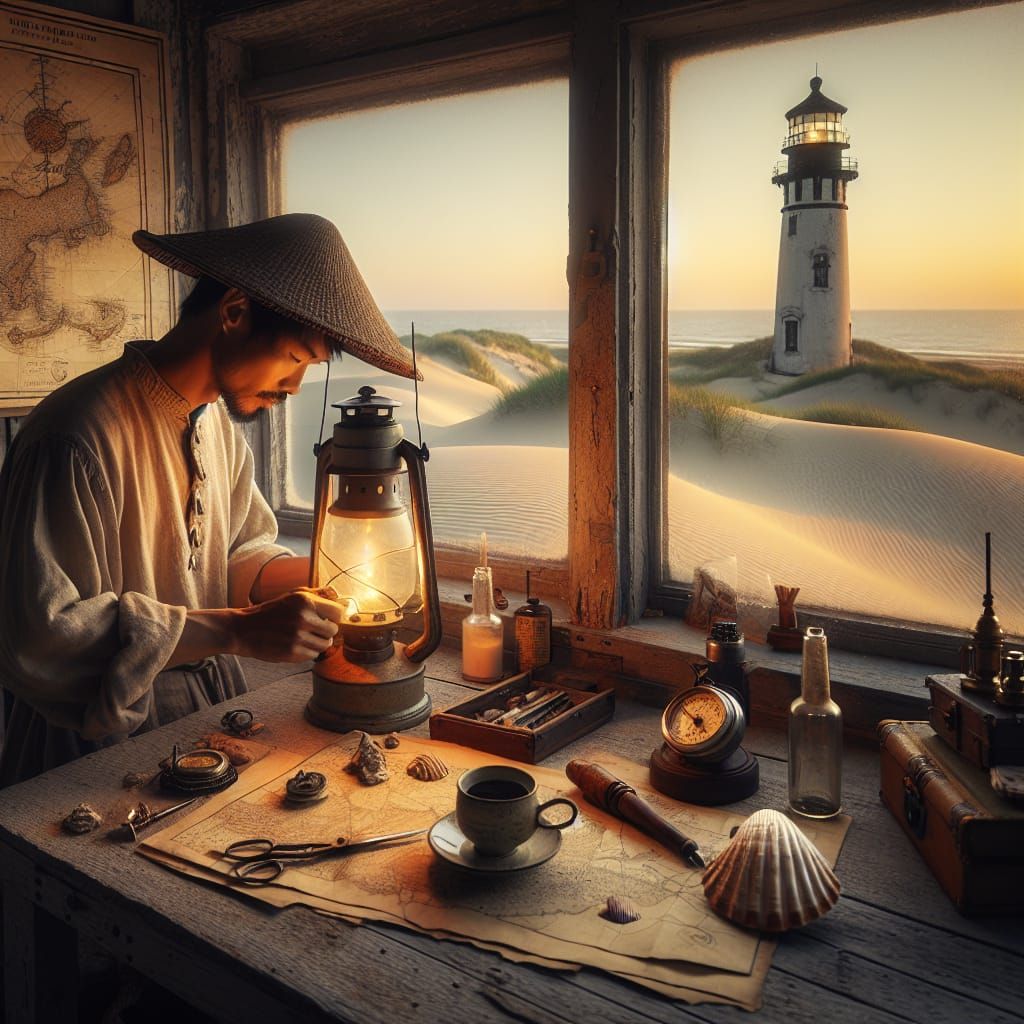 East Asian Lighthouse Keeper Repairs Lamp at Sunset