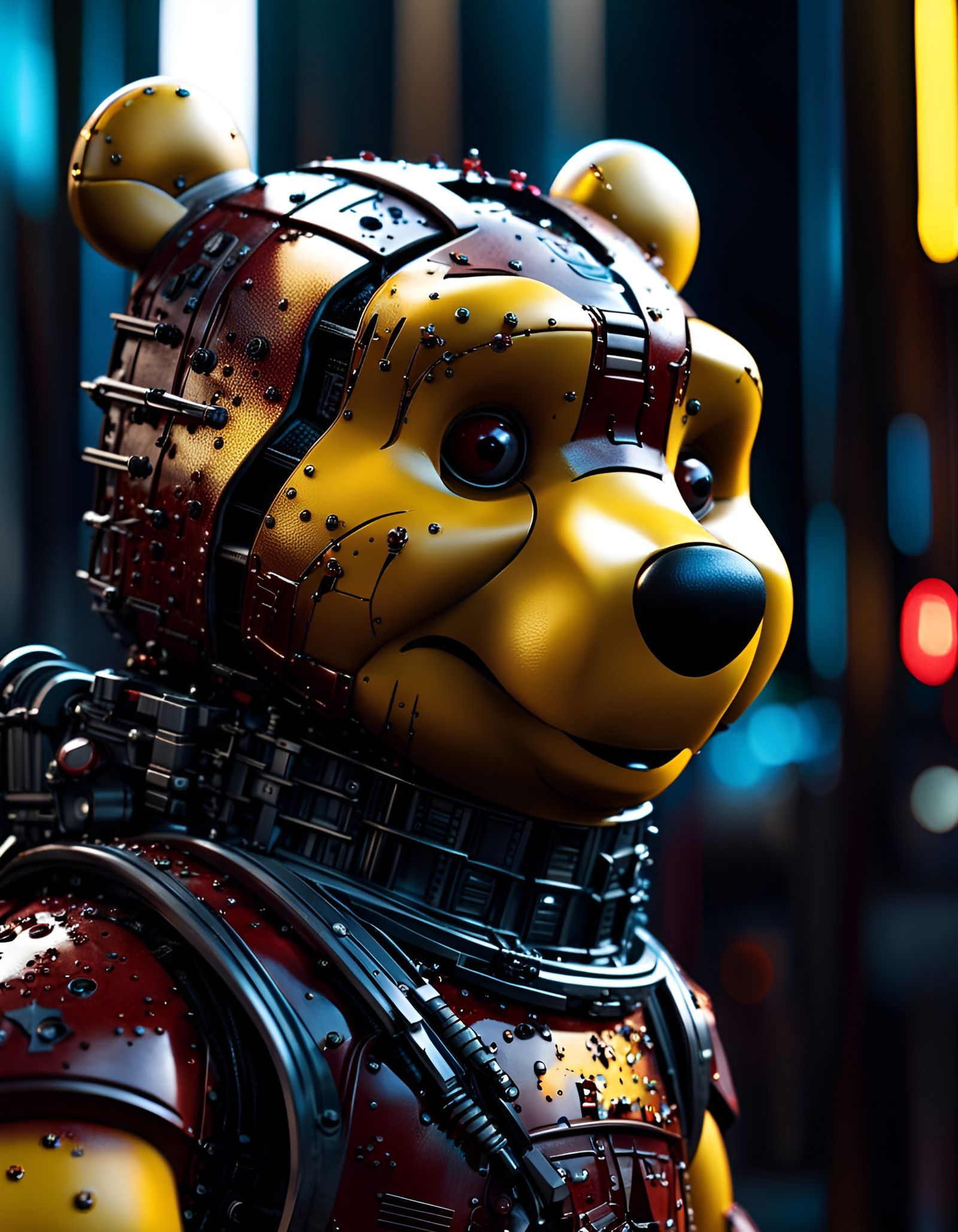 Cyborg Winnie the Pooh Portrait in Dystopian City