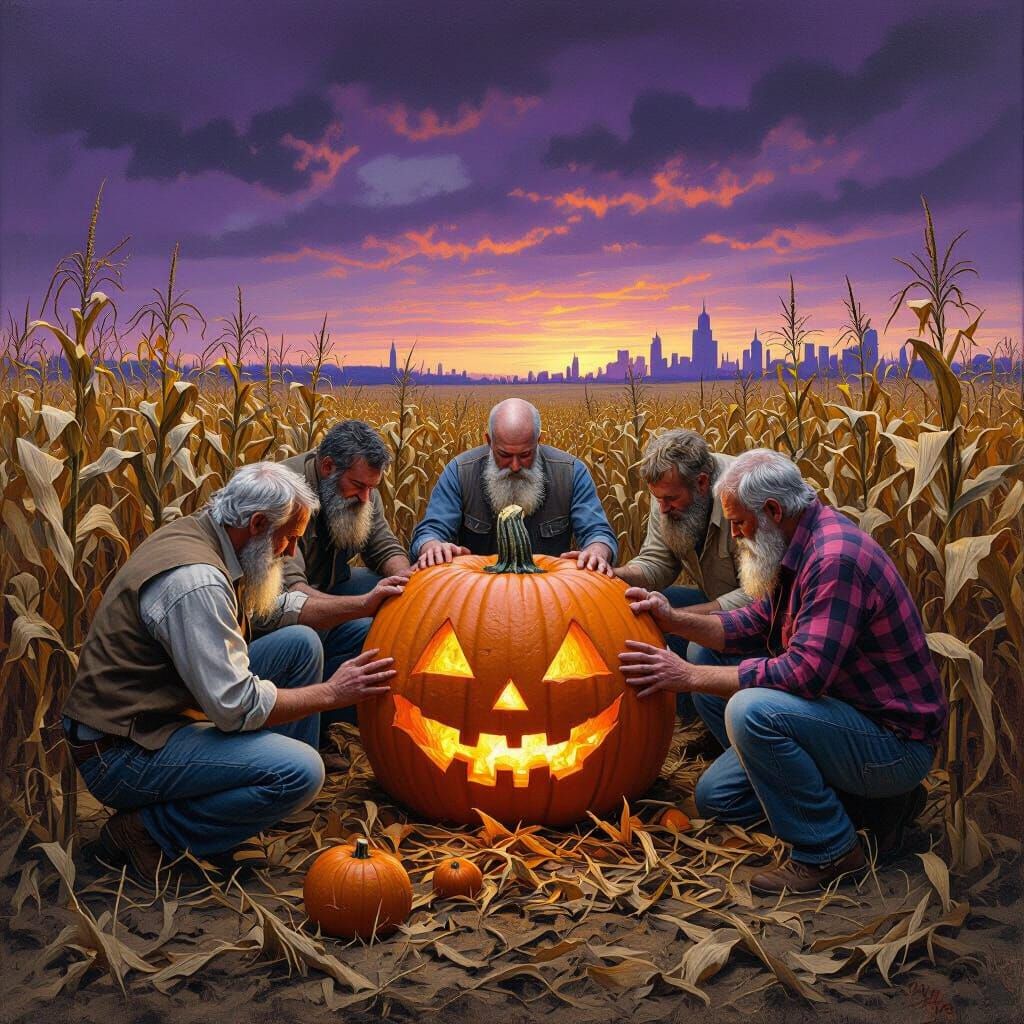 Solemn Ritual in Cornfield, Folk Art Style