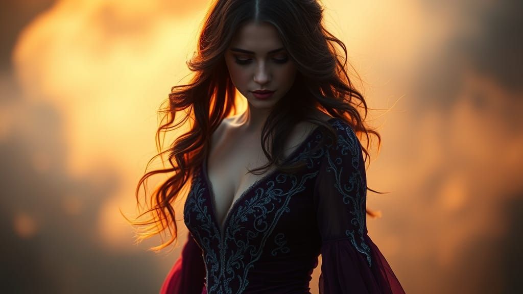 Mysterious Woman in Enchanting Fog, in a Dreamy, Romanticize...