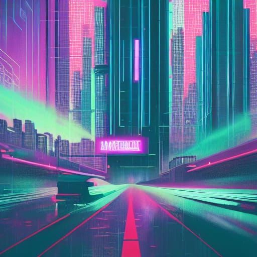 Cyberpunk Cityscape at Night: Neon Lights and Metallic Skysc...