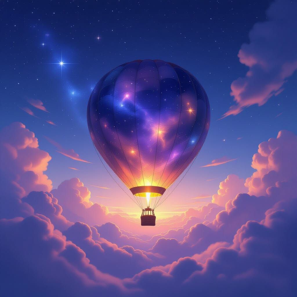 Ethereal Astral Hot Air Balloon Drifting Through Starry Clou...