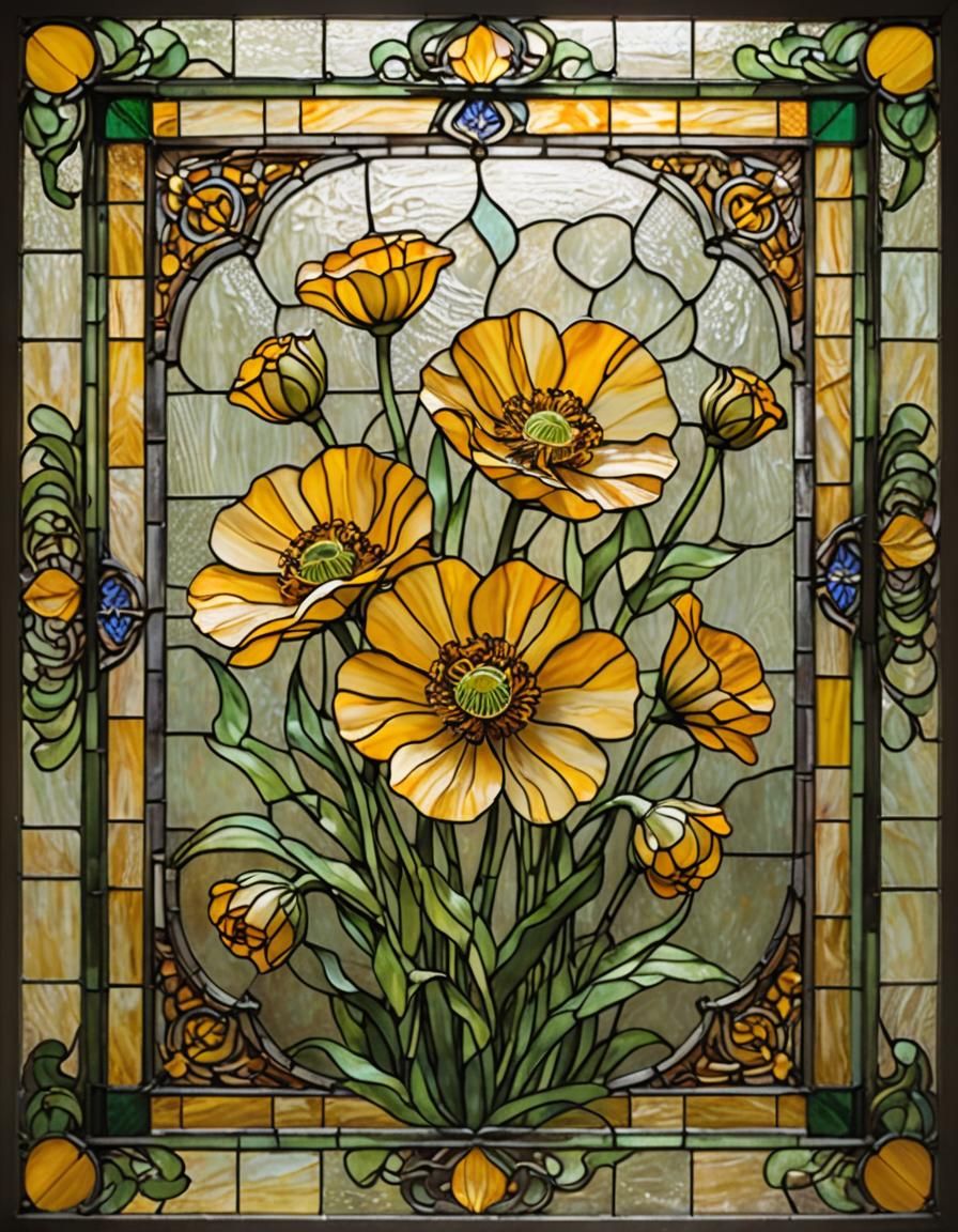 Stained Glass Persian Buttercup in Ornate Frame