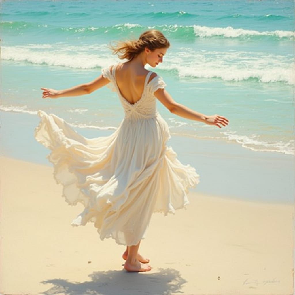 Woman Dancing on Beach in Impressionist Style