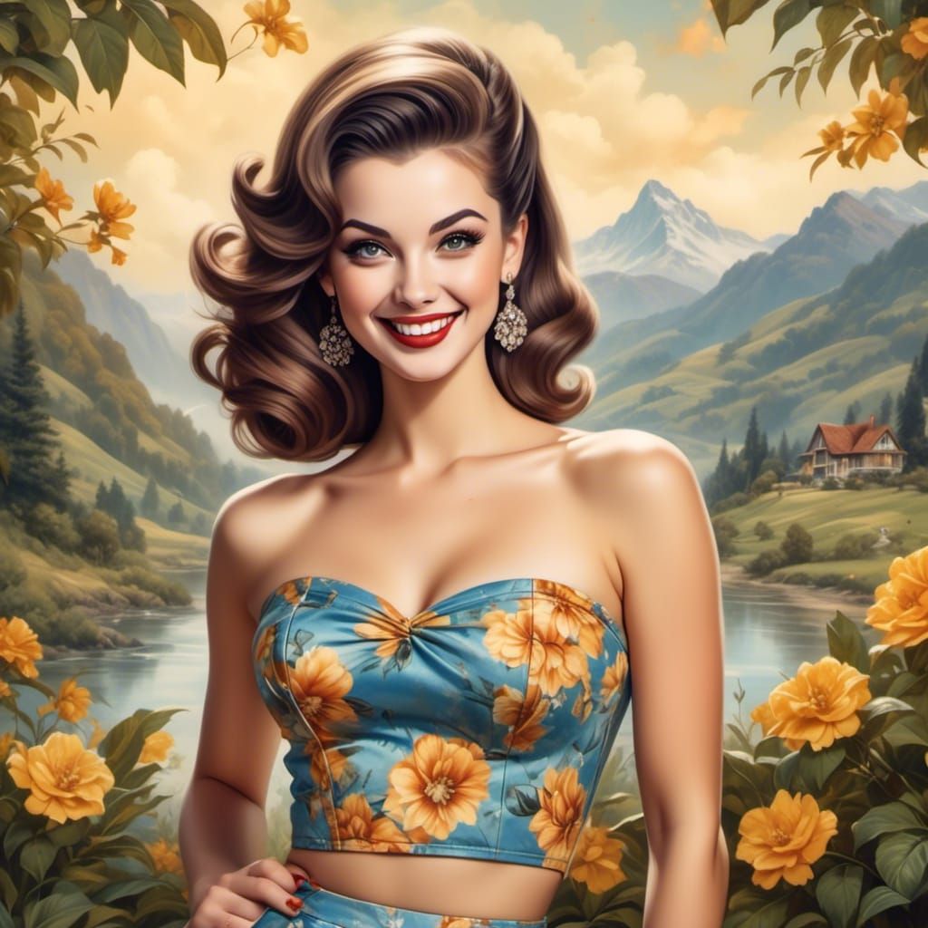 Golden Tan Pin-Up Girl in Watercolor Style