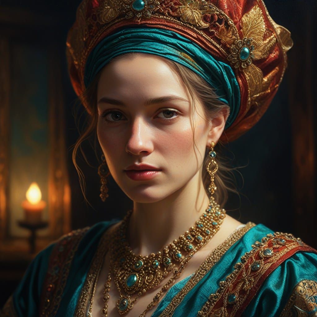 Rembrandt-Inspired Oil Painting of Woman in Gold Light