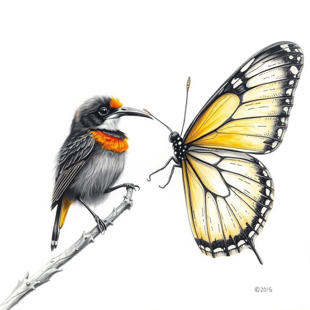 Giant Butterfly Hunted by Tiny Bee-Eater in Charcoal Drawing