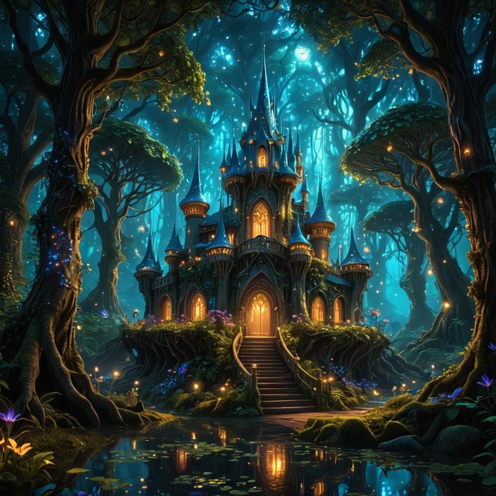 Enchanted Fairy Palace in Bioluminescent Forest
