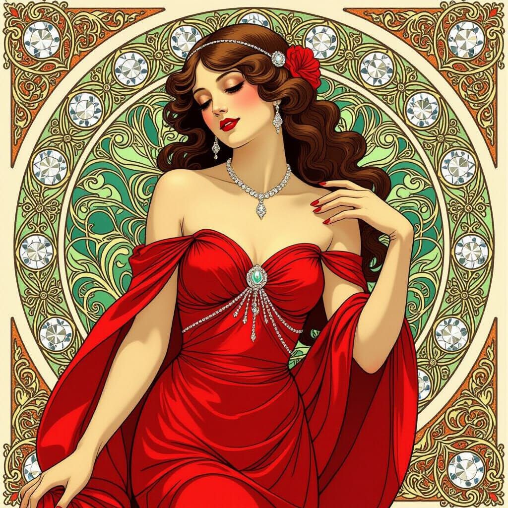 Red Dress and Diamonds in Art Nouveau Style